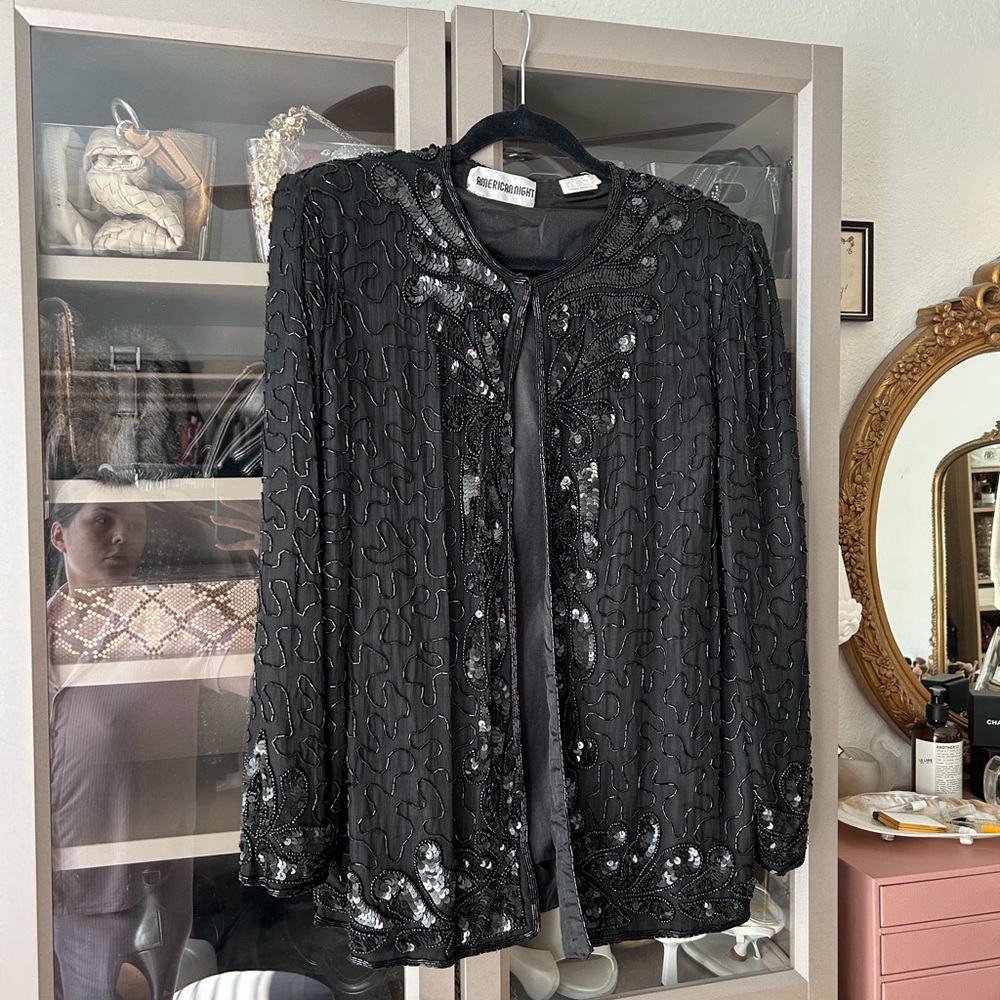 Elegant Black Silk Beaded Blazer L